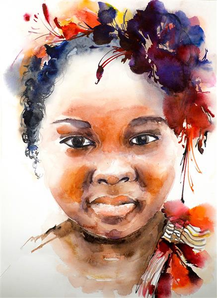 دختر سیاه پوست نقاشی آبرنگ