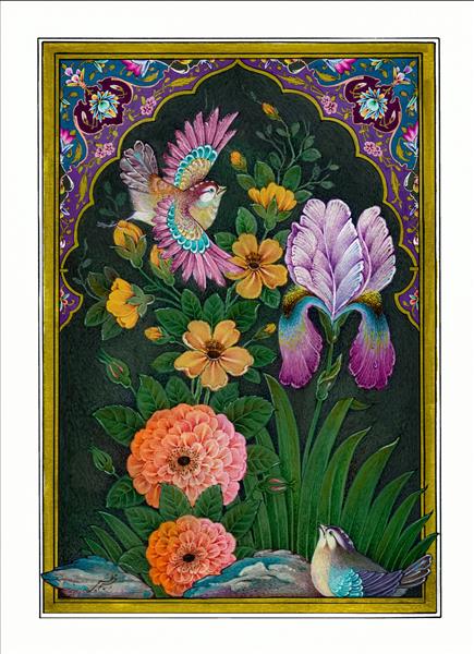 نگارگری گل و مرغ نقاشی مینیاتور ایرانی زیبا اثر رحیم عظیمی