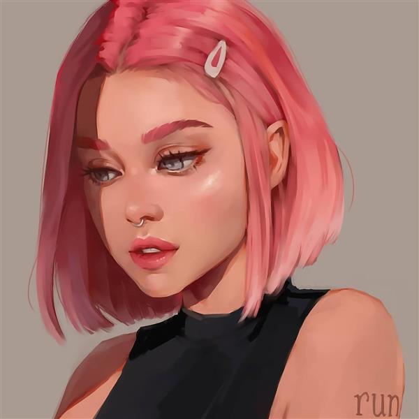 نقاشی دیجیتال دختر زیبا با مو های صورتی