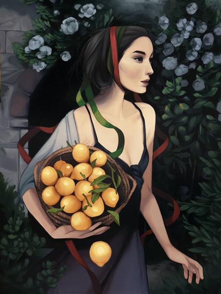 دختر زیبا چیدن میوه نقاشی دیجیتال پوستر دیواری گل بنفش