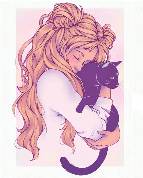 نقاشی دیجیتال دختر خجالتی گربه بنفش