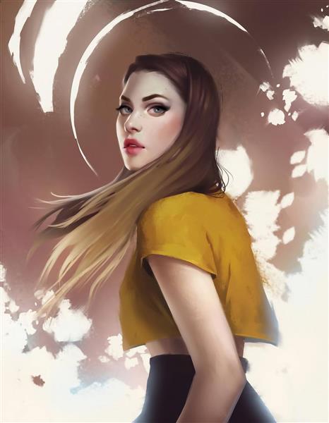 دختر زیبا لباس زرد پس زمینه قهوه ای نقاشی دیجیتال