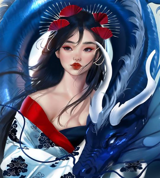 نقاشی دیجیتال دختر زیبا اژدها آبی افسانه