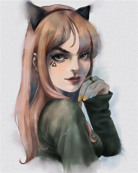 دختر گربه زیبا نقاشی دیجیتال
