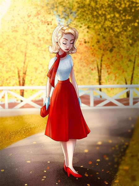 دختر خجالتی زیبا پاییز نقاشی دیجیتال لباس قرمز
