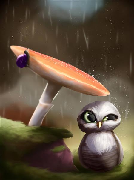 پرنده فانتزی زیبا قارچ سمی نقاشی دیجیتال