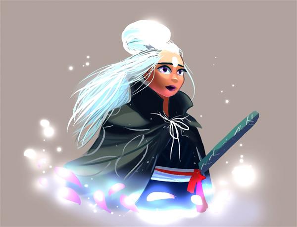 دختر جنگجو مو سفید شمشیر نقاشی دیجیتال