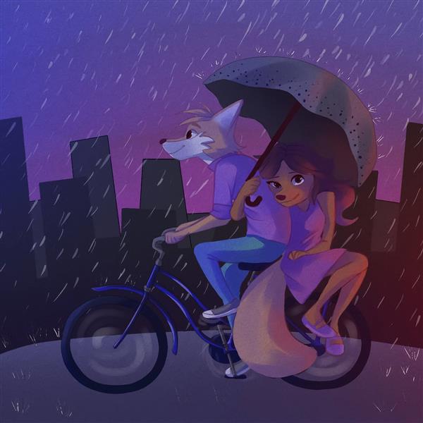 دو گرگ باران موتور چتر عشق نقاشی دیجیتال