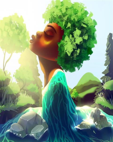دختر طبیعت نقاشی دیجیتال دختر مو درختی