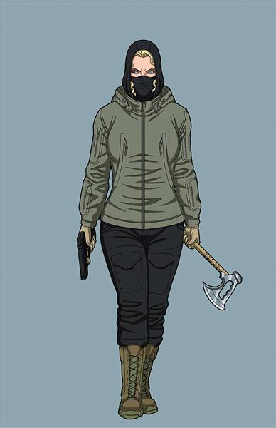 دختر ماسک تبر اسلحه نقاشی دیجیتال