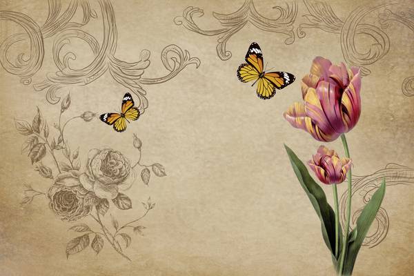 گل لاله و پروانه ها در پس زمینه کاغذی و طراحی دستی طرح پوستر دیواری زیبا