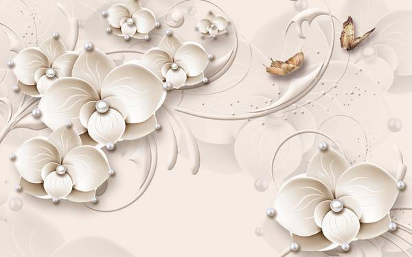 گلهای برجسته سفید زیبا و پروانه های رنگی پوستر دیواری سه بعدی