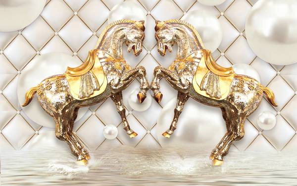 اسب های زیبا لوکس طلایی پوستر دیواری سه بعدی