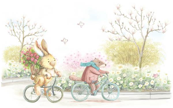 خرس و خرگوش دوچرخه سوار در پارک پوستر اتاق کودک