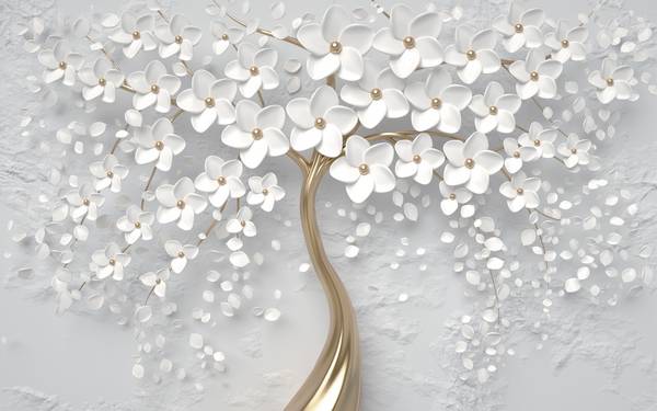 گلهای سفید درخت طلایی پوستر دیواری سه بعدی