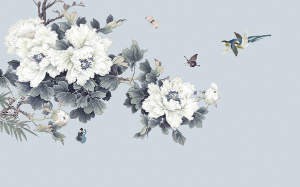گلهای سفید پرندگان پس زمینه آبی پوستر دیواری