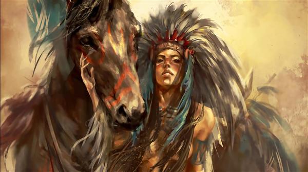 نقاشی دختر سرخپوست و اسب