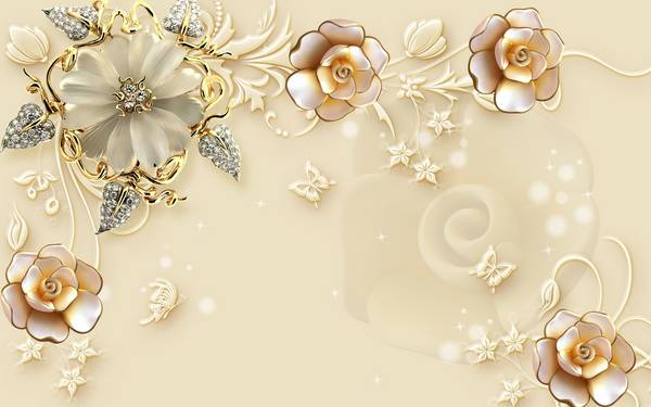 گلهای صورتی طلایی و الماس ها پس زمینه روشن پوستر دیواری سه بعدی