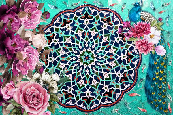 گلهای صورتی و طاووس آبی پس زمینه فیروزه سنگی پوستر دیواری سه بعدی