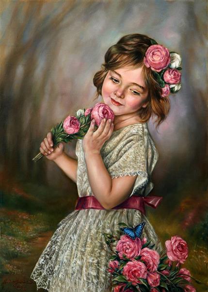 به لطافت گل تابلو دختری با دسته گل صورتی نقاشی رنگ روغن اثر استاد نادر لنجانی