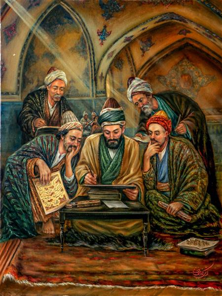 عبدالمجید درویش طالقانی در میان شاگردانش نقاشی رنگ روغن اثر استاد نادر لنجانی