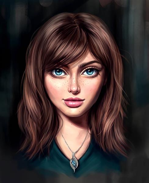 دختر زیبا چشم آبی نقاشی دیجیتال خجالتی