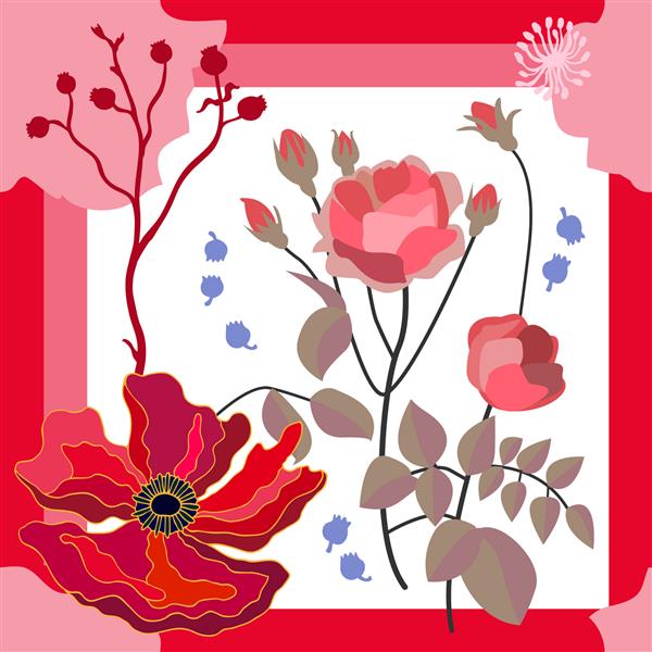 رنگهای تابستانی روسری ابریشمی با گلهای رز شکوفا الگوی وکتور انتزاعی با عناصر گل نقوش دهه های 1950 تا 1960 مجموعه طراحی پارچه برش خورده قرمز صورتی روی سفید