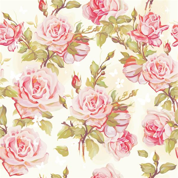 الگوی گل یکپارچه زیبا تصویر وکتور از گل کاغذ دیواری ظرافت با گلهای رز صورتی در زمینه گل