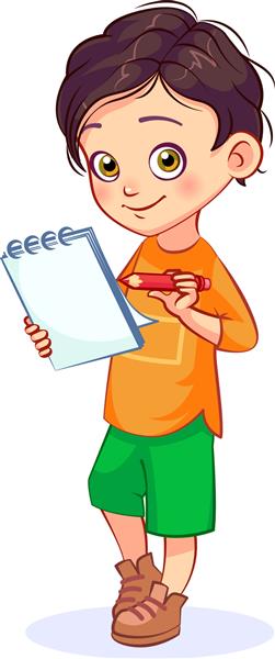 پسری خوشحال که یک دفترچه یادداشت و یک مداد قرمز در دست دارد تصویر وکتور جدا شده از بچه ها در پس زمینه سفید
