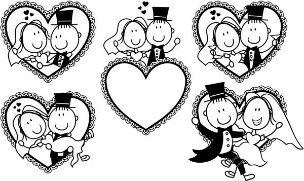 مجموعه ای از زن و شوهر کارتونی جدا شده در قاب شکل قلب ایده آل برای دعوت عروسی خنده دار