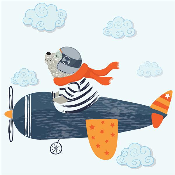 خرس ناز با هواپیما طراحی وکتور تصویر گرافیکی تی شرت برای کودکان دعوت کارت تبریک جشن تولد و کارت پستال برای موارد خاص چاپ حیوانات