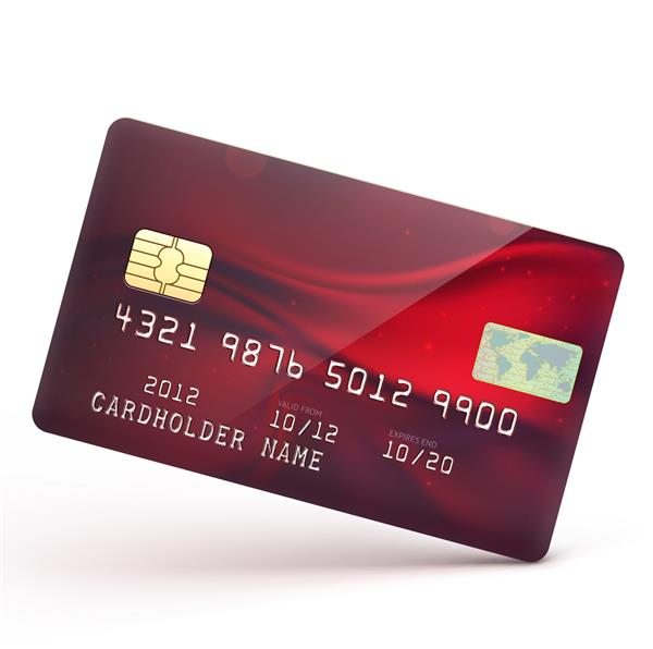 تصویر وکتور از کارت اعتباری قرمز براق دقیق که در پس زمینه سفید جدا شده است
