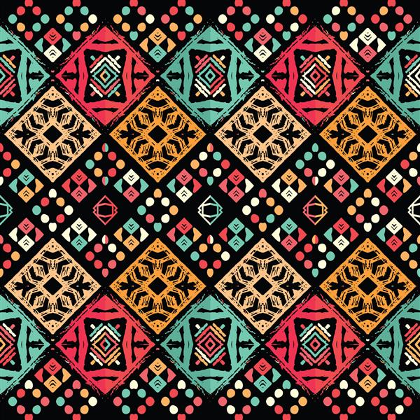 الگوی ایکات قبیله ای زیگ زاگ قومی یکپارچه زمینه هندسی رنگارنگ کشیده شده است نقوش راه راه تصویر برداری