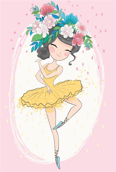 رقصنده کوچک رقصنده با گل برای کارهای هنری مد کتاب کودک کلیپ آرت چاپ تی شرت کارت گرافیک تبریک