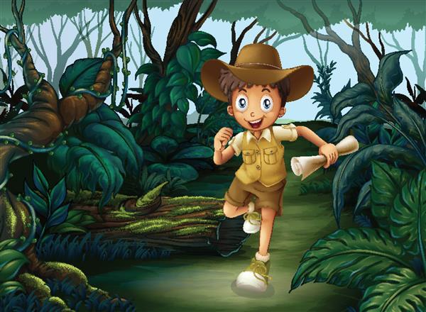 تصویرگری از پسر جوانی که در وسط جنگل در حال دویدن است
