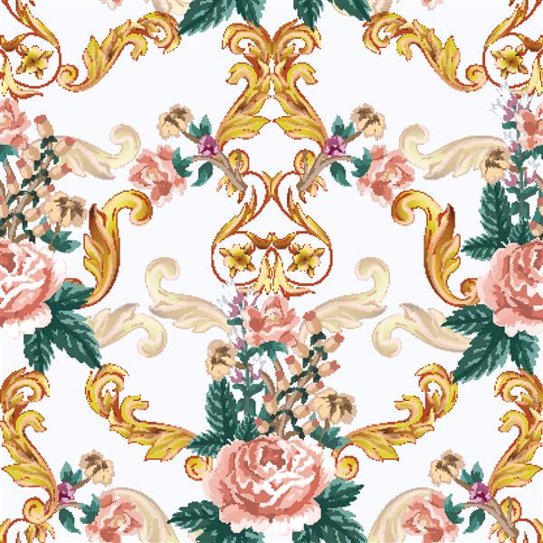 الگوی یکپارچه با گل رز و عناصر باروک طلایی