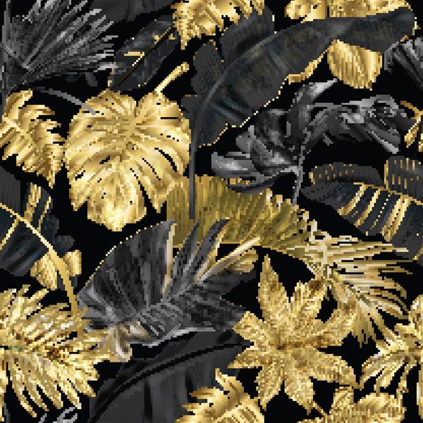 وکتور الگوی یکپارچه با برگهای گرمسیری طلایی و سیاه در زمینه تیره طرح زمینه گیاه شناسی عجیب و غریب برای لوازم آرایشی آبگرم پارچه پیراهن به سبک هاوایی بهترین به عنوان کاغذ بسته بندی کاغذ دیواری
