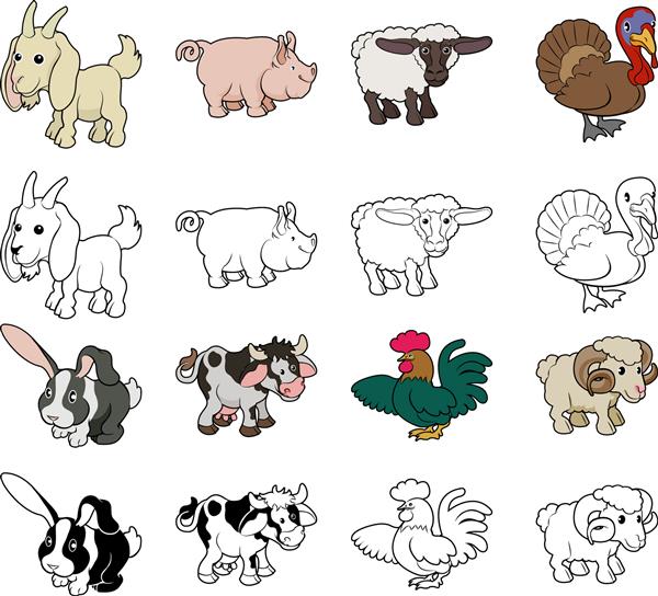 مجموعه ای از تصاویر حیوانات مزرعه کارتونی نسخه های رئوس مطالب سفید و رنگی و سیاه
