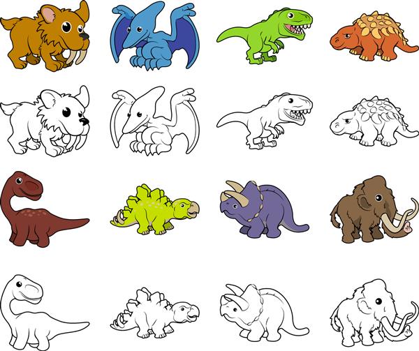 مجموعه ای از تصاویر کارتونی حیوانات و دایناسورهای ماقبل تاریخ نسخه های رئوس مطالب سفید و رنگی و سیاه