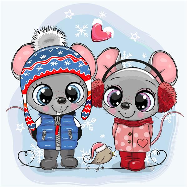 تصویرگری ناز زمستانی با دو موش پسر و دختر با کلاه و کت