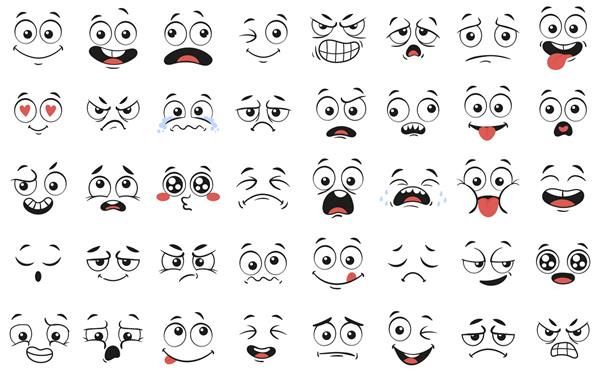 چهره های کارتونی چشمان و دهان رسا عبارات چهره خندان گریان و متعجب احساسات طنز کاریکاتور یا doodle شکلک مجموعه ای از آیکون های تصویر وکتور جداگانه