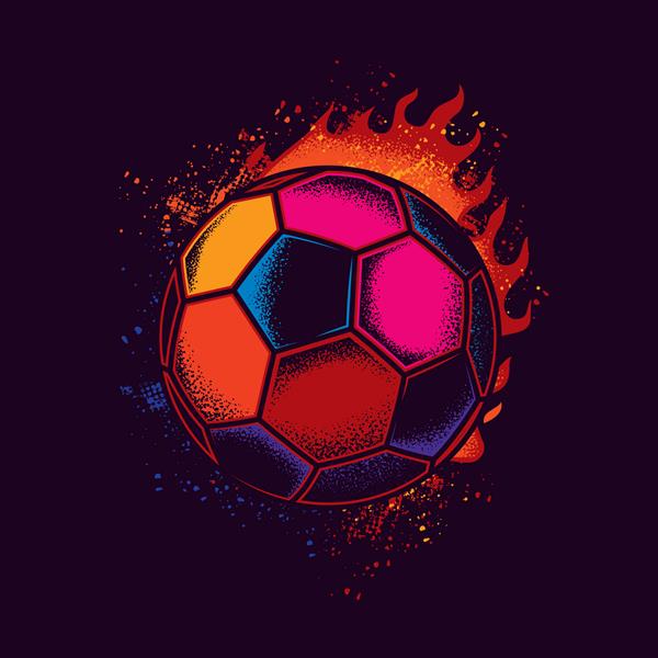 چکیده تصویر وکتور نئون از یک توپ فوتبال در برابر شعله روشن از آتش تی شرت یا طراحی برچسب