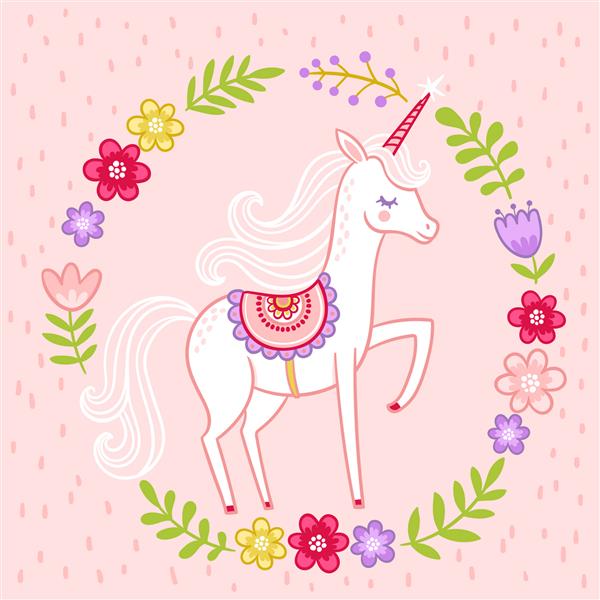 کارت وکتور تبریک با مایل های تک شاخ در کارتون با رنگ تا زمینه صورتی حیوان افسانه ای زیبا در یک قاب گل