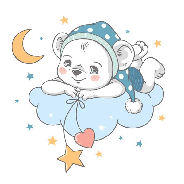 تصویر وکتور یک خرس بچه ناز با لباس شب آبی که روی ابر در میان ستاره ها خوابیده است