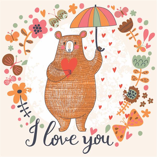 کارت عاشقانه مفهومی با خرس ناز و باران ساخته شده از قلب در گل ها کارت دعوت روشن به صورت بردار