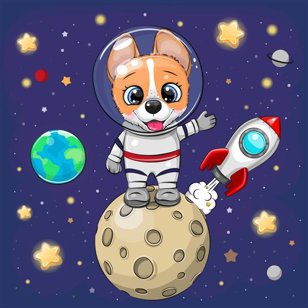 کارتون سگ ناز فضانورد روی ماه در پس زمینه فضایی