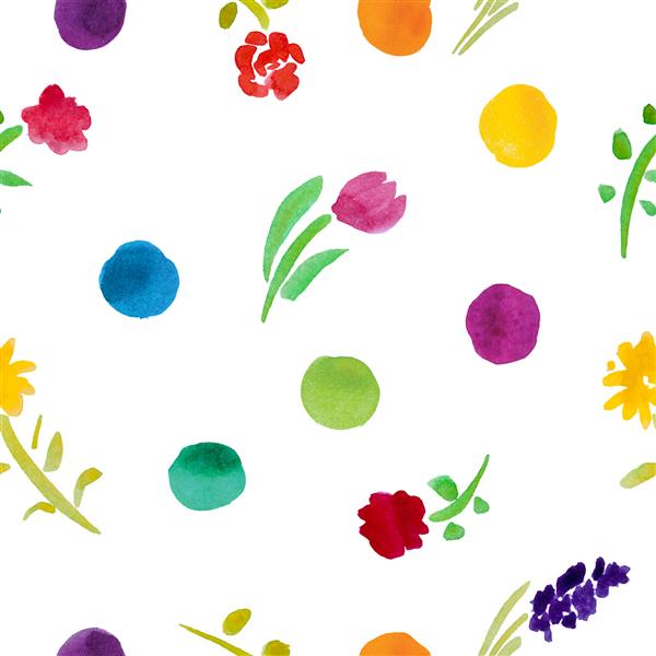 طرح بدون رنگ آبرنگ با گلها و نقاط رنگارنگ کاغذ بسته بندی کاغذ دیواری پارچه تصویر برداری