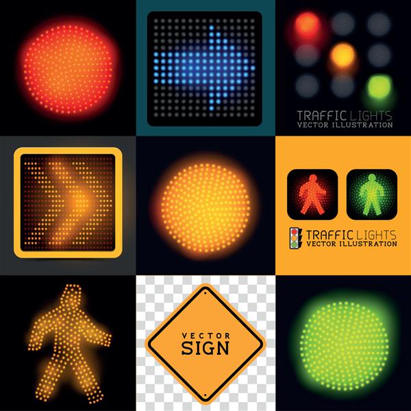 وکتور مجموعه چراغ راهنمایی مجموعه ای از علائم و نشانه های مختلف راهنمایی و رانندگی تصویر برداری