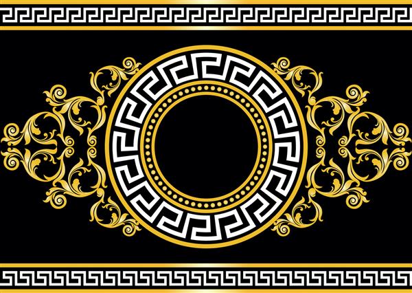 حاشیه بدون درز با عنصر باروک طلایی نقوش یونانی روی زمینه سیاه تصویر