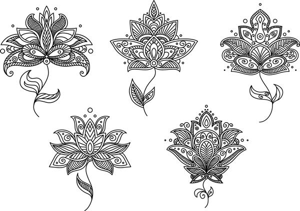 نقش و نگارهای گل و سیاه خوش نقاشی گل به سبک پازلی ایرانی برای طراحی جدا شده روی زمینه سفید